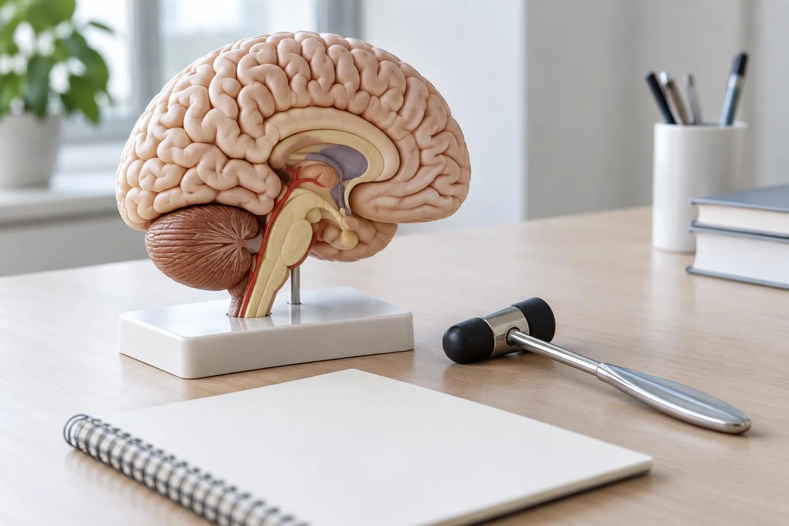 Gehirnmodell, Reflexhammer und Notizbuch auf einem Schreibtisch.